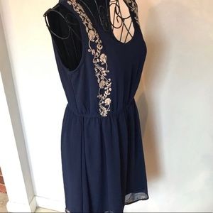 Papaya Dark Blue w/ Taupe Floral Embroidery Dress